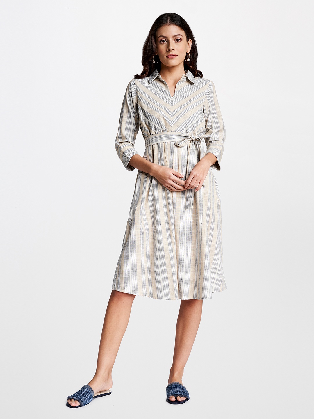 

AND Women Beige & Blue Striped Cotton Shirt Dress