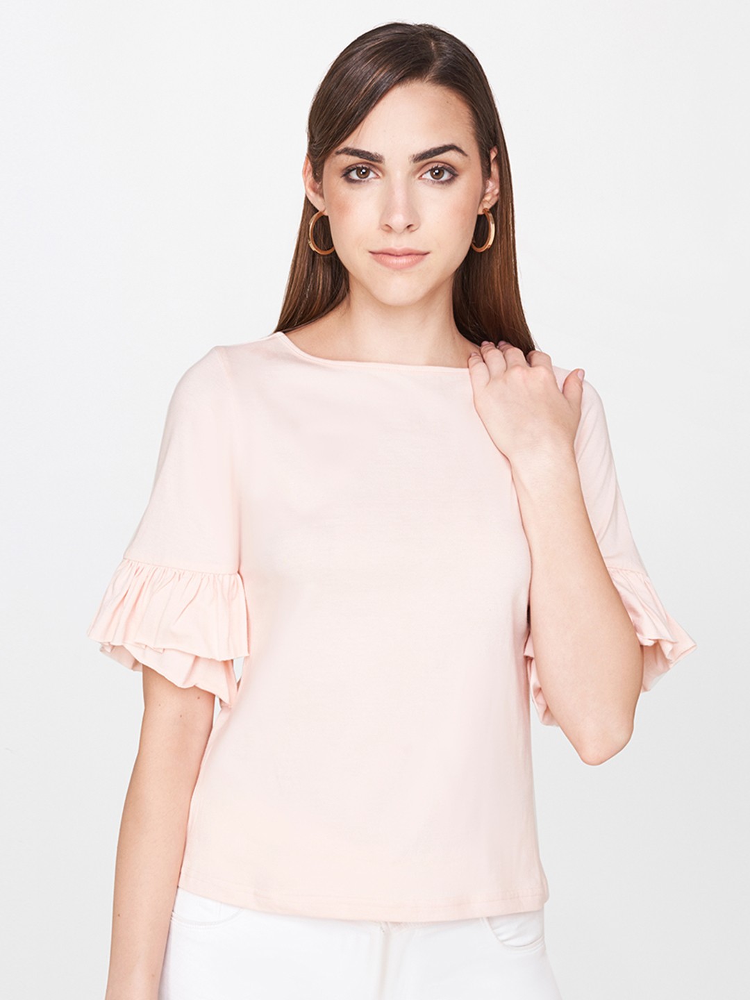 

AND Women Peach-Coloured Solid Regular Top