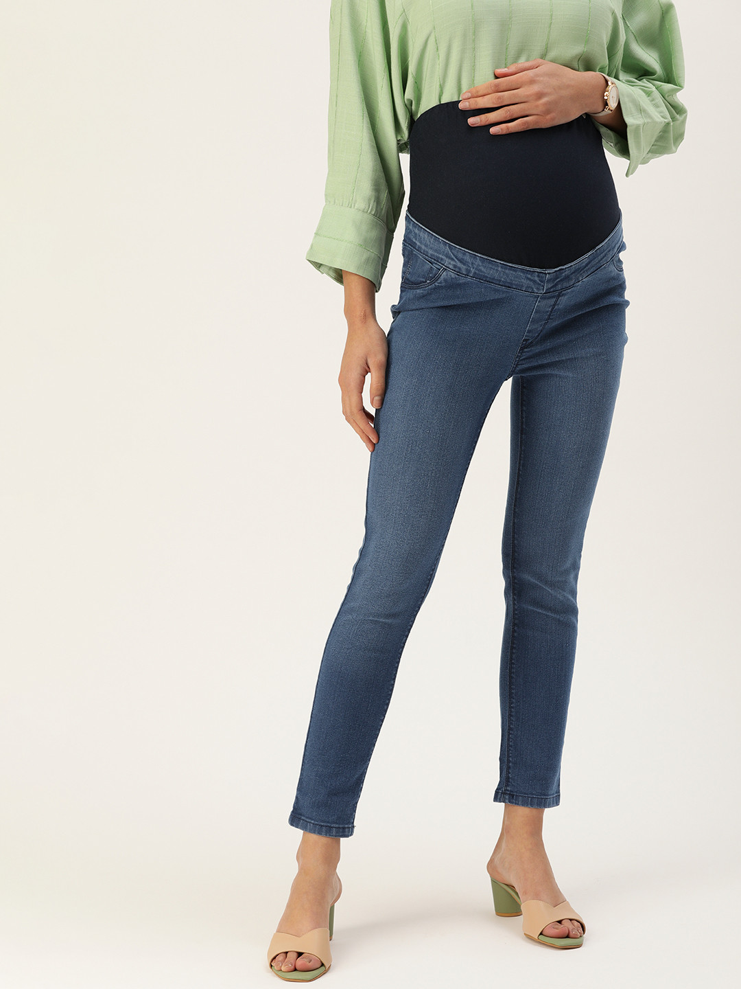 

AND Women Denim Solid Mid Rise Maternity Casual Trousers, Blue