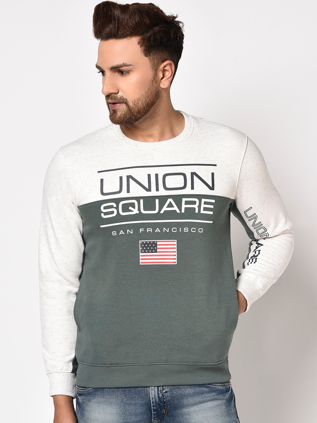 

Octave Men Olive Green & White Colourblocked Printed Sweatshirt