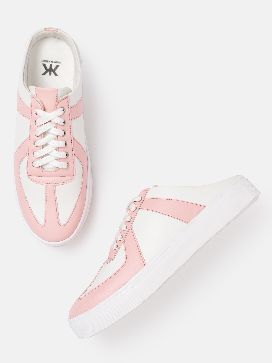

Kook N Keech Women White & Pink Colourblocked Muled Sneakers