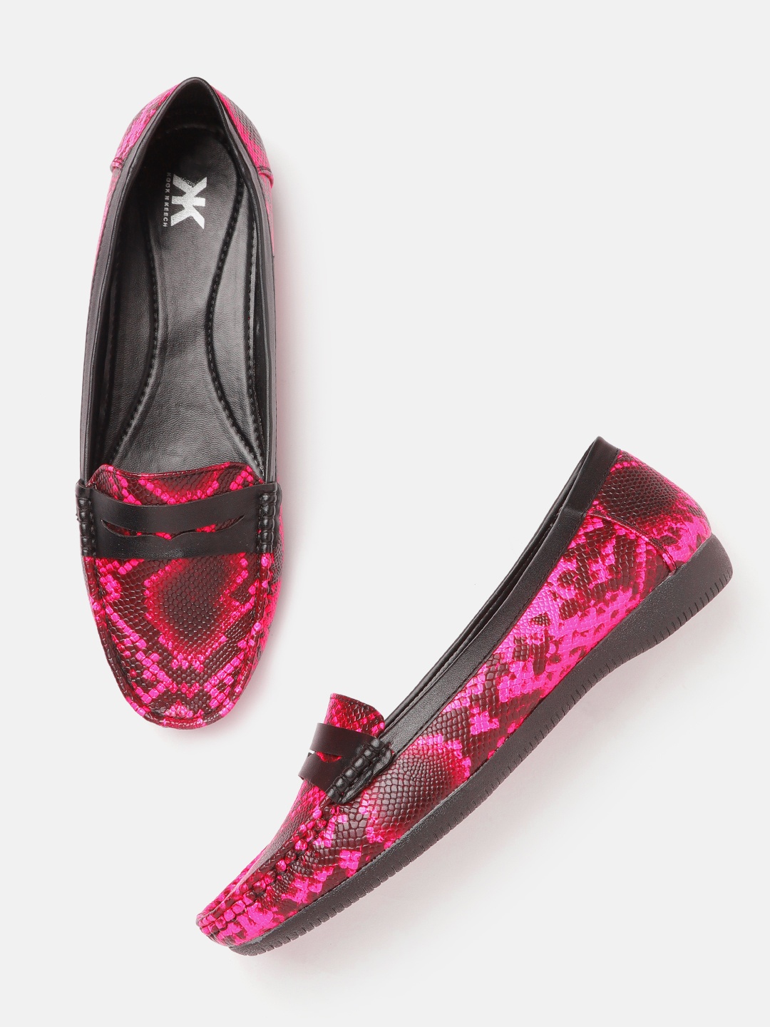 

Kook N Keech Women Neon Pink & Burgundy Snakeskin Textured Penny Loafers