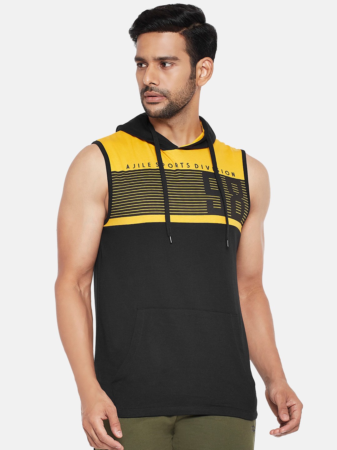 

Ajile by Pantaloons Men Mustard Yellow Black Colourblocked Slim Fit Cotton Pure Cotton T-shirt