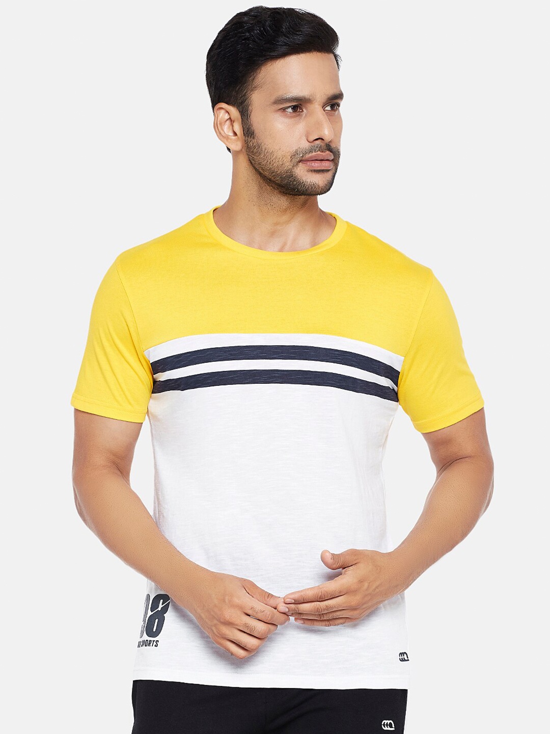 

Ajile by Pantaloons Men Yellow White Slim Fit Pure Cotton T-shirt