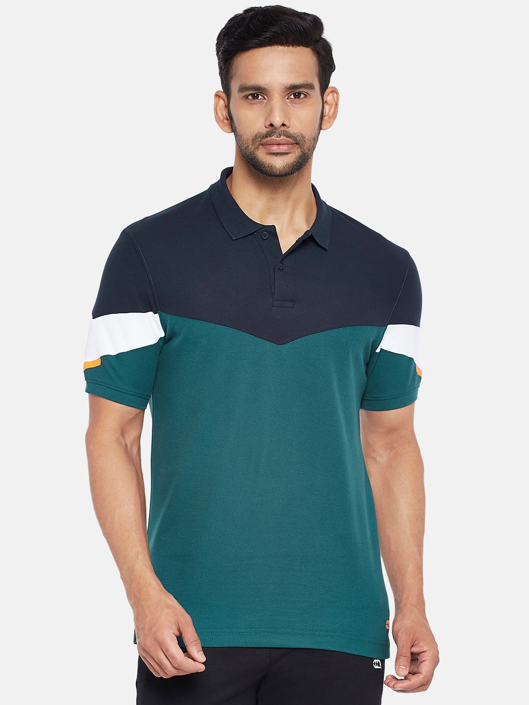 

Ajile by Pantaloons Men Blue & Green Colourblocked Polo Collar Slim Fit T-shirt