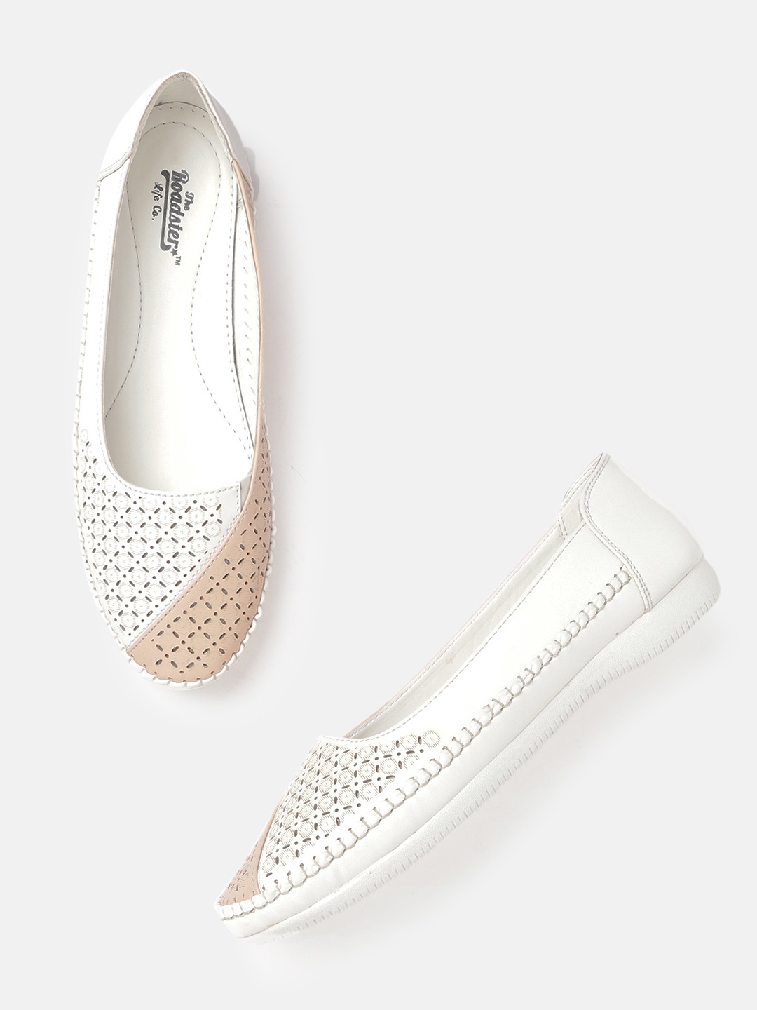 

Roadster Women White & Peach-Coloured Laser Cut Ballerinas