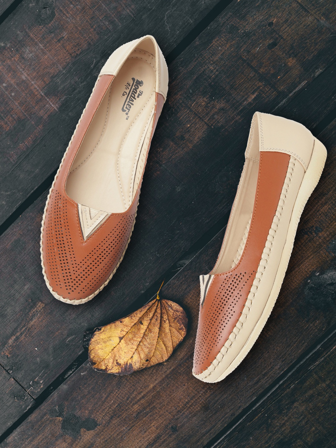 

Roadster Women Tan Brown & Cream-Coloured Perforated Ballerinas with Metallic Detail