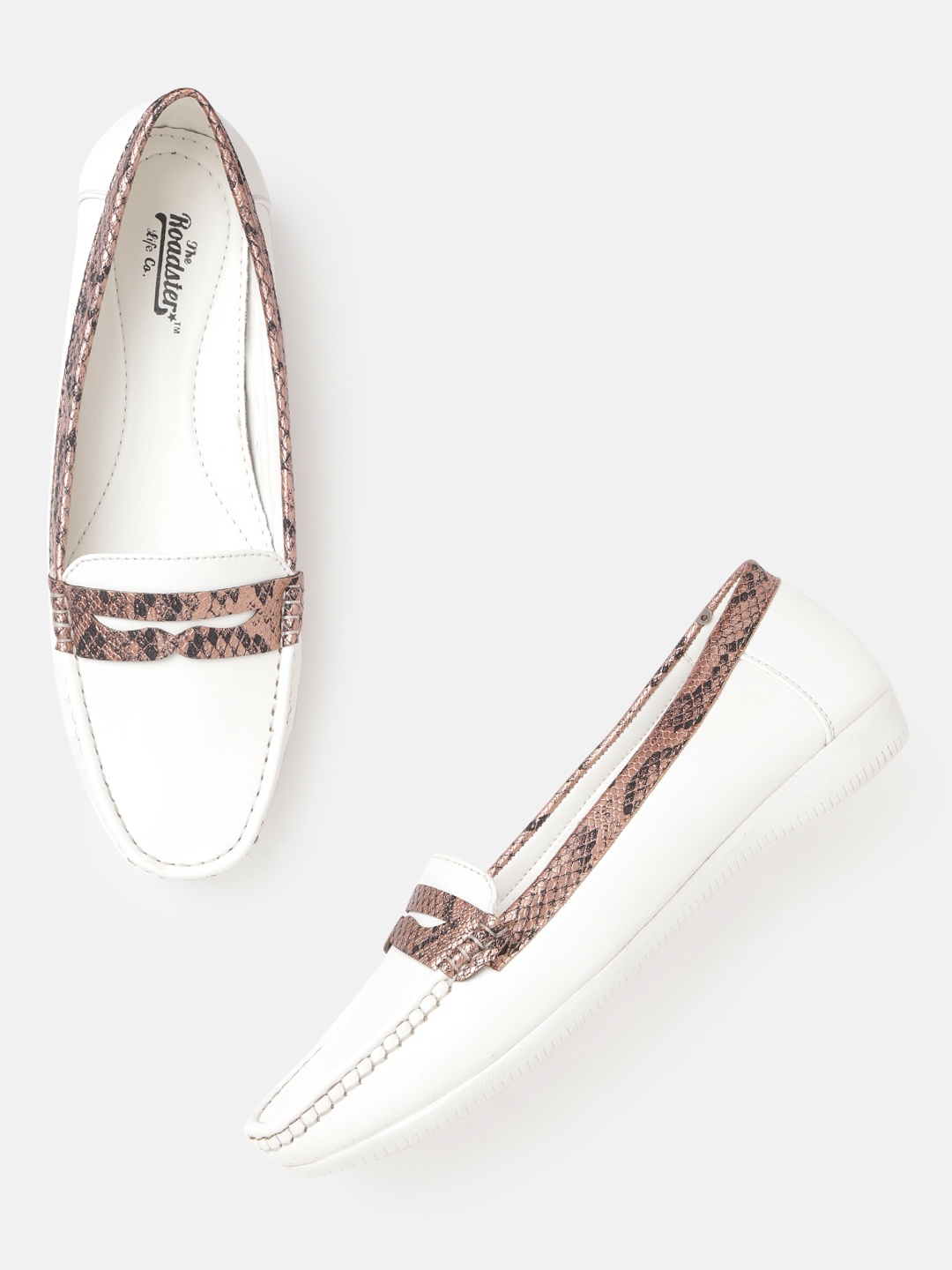 

Roadster Women White & Gold-Toned Snakeskin Print Detail Penny Loafers