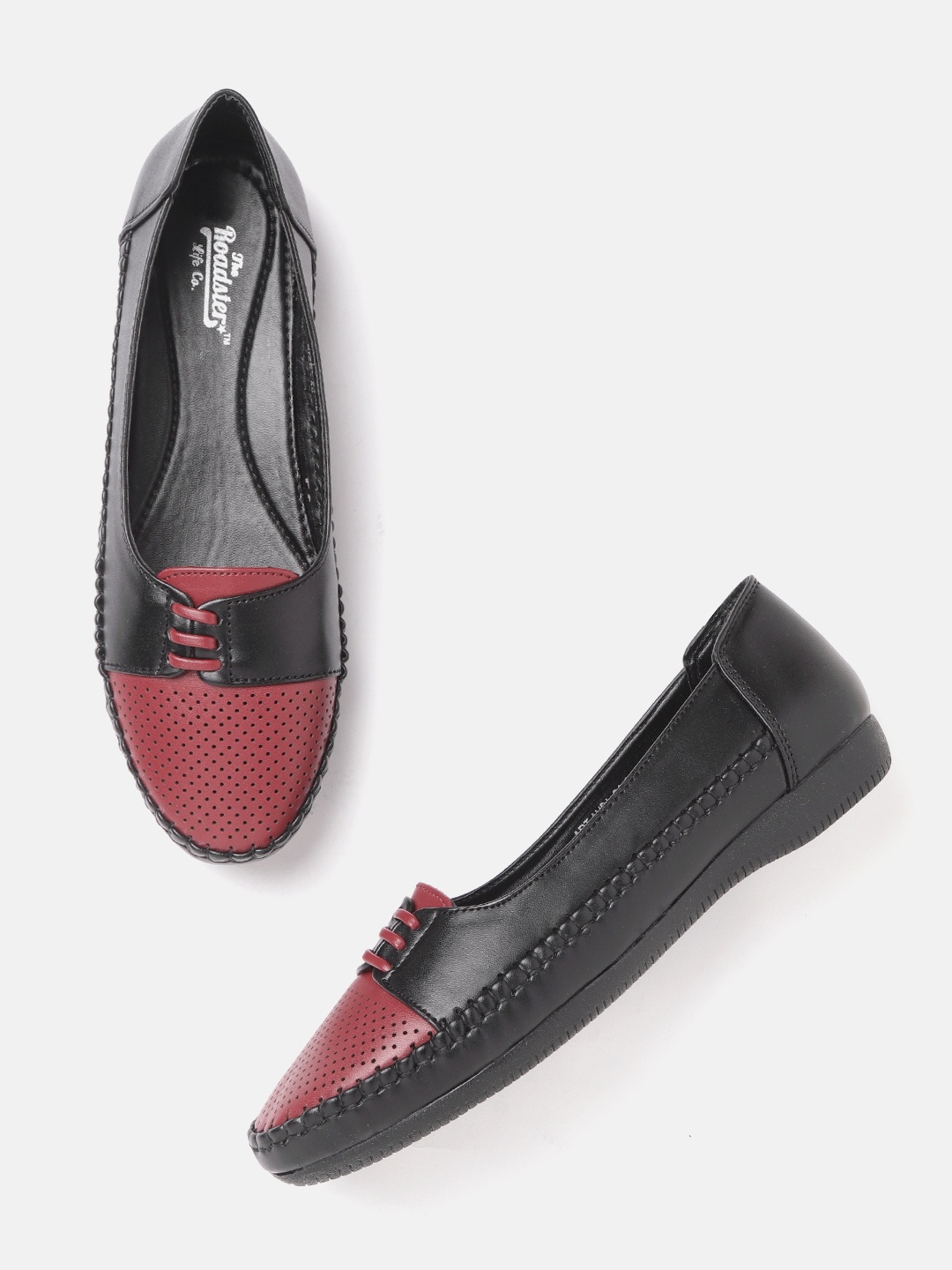 

Roadster Women Maroon & Black Perforated Ballerinas with Colourblocking