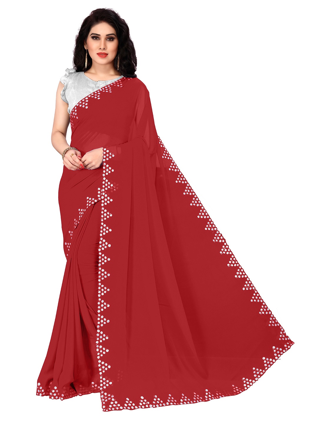 

KALINI Red & Silver-Coloured Mirror Work Saree