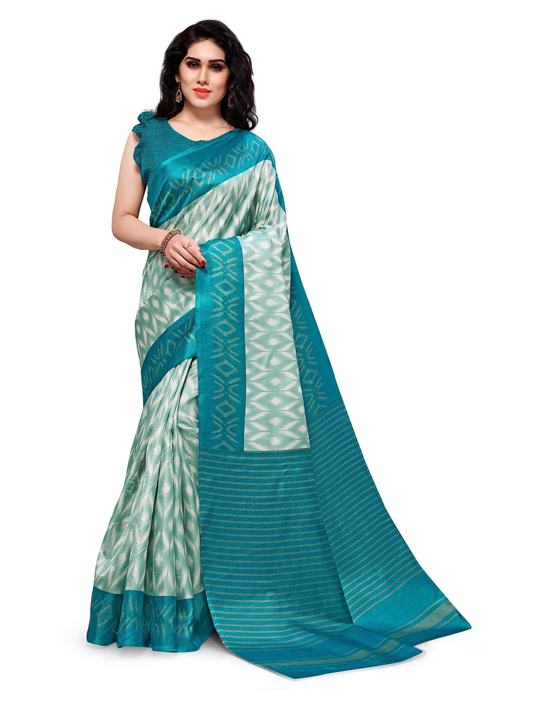 

KALINI Off White & Teal Blue Printed Art Silk Saree