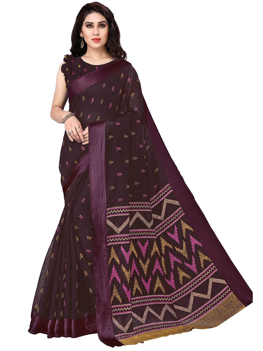 

KALINI Burgundy & Purple Ikat Printed Saree