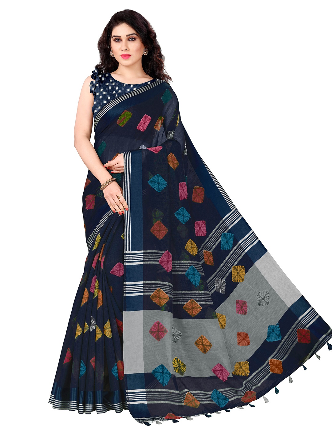 

KALINI Navy Blue & Pink Bandhani Patch Printed Saree