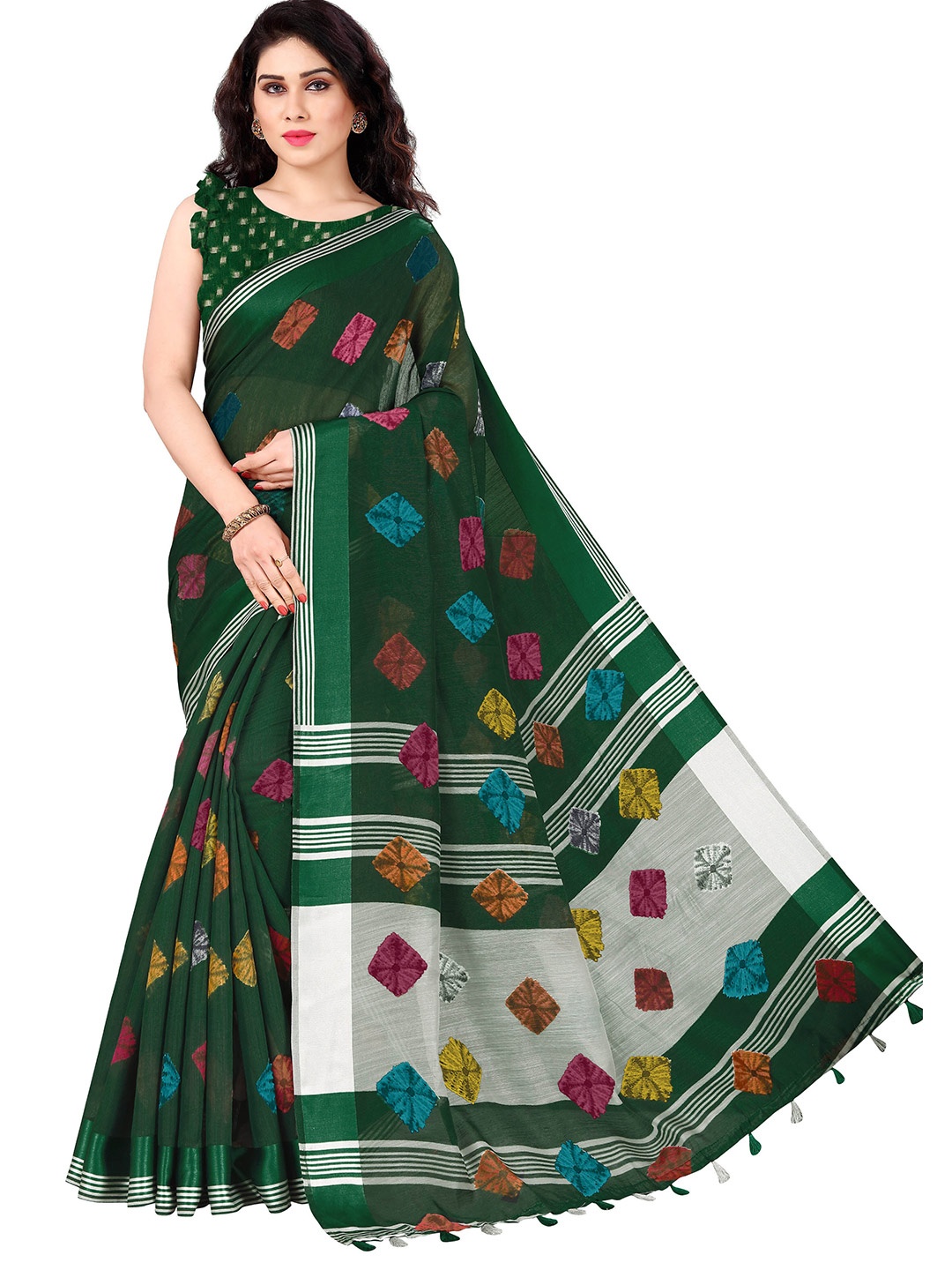 

KALINI Green & White Bandhani Saree