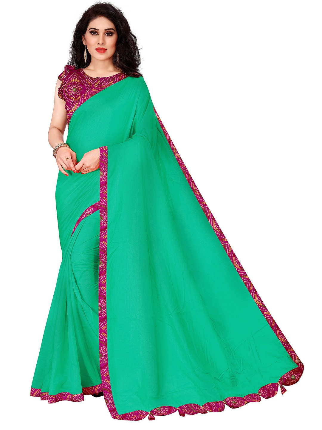 

KALINI Teal & Pink Printed Border Sana Silk Blend Saree