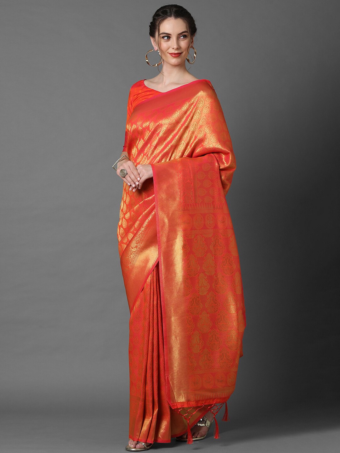 

Mitera Peach-Coloured & Gold-Toned Woven Design Silk Blend Banarasi Saree