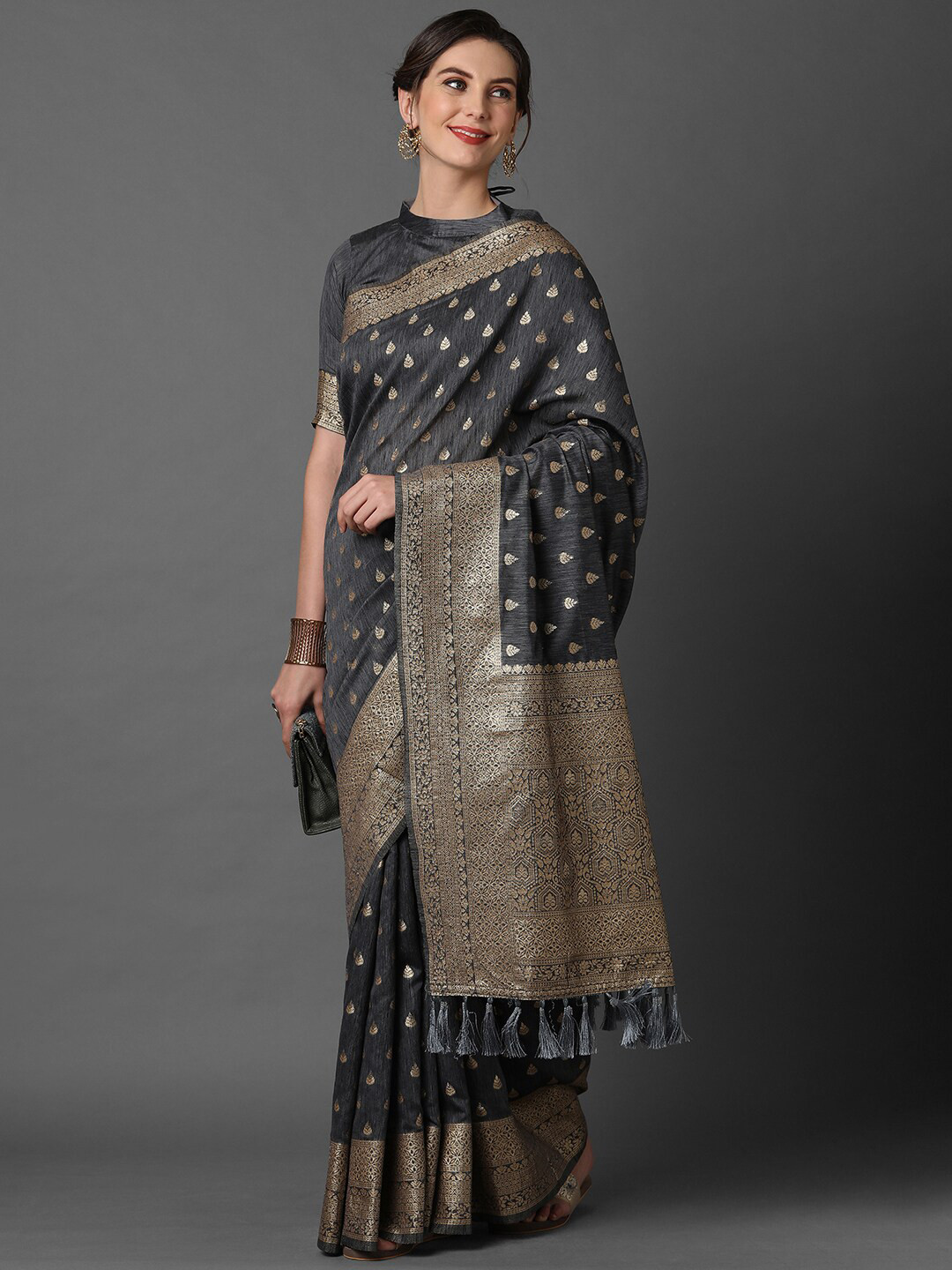 

Mitera Charcoal Grey & Gold-Toned Floral Banarasi Saree