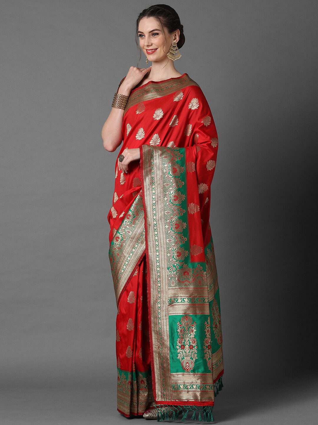 

Mitera Red & Green Ethnic Motifs Woven Design Zari Silk Blend Banarasi Saree