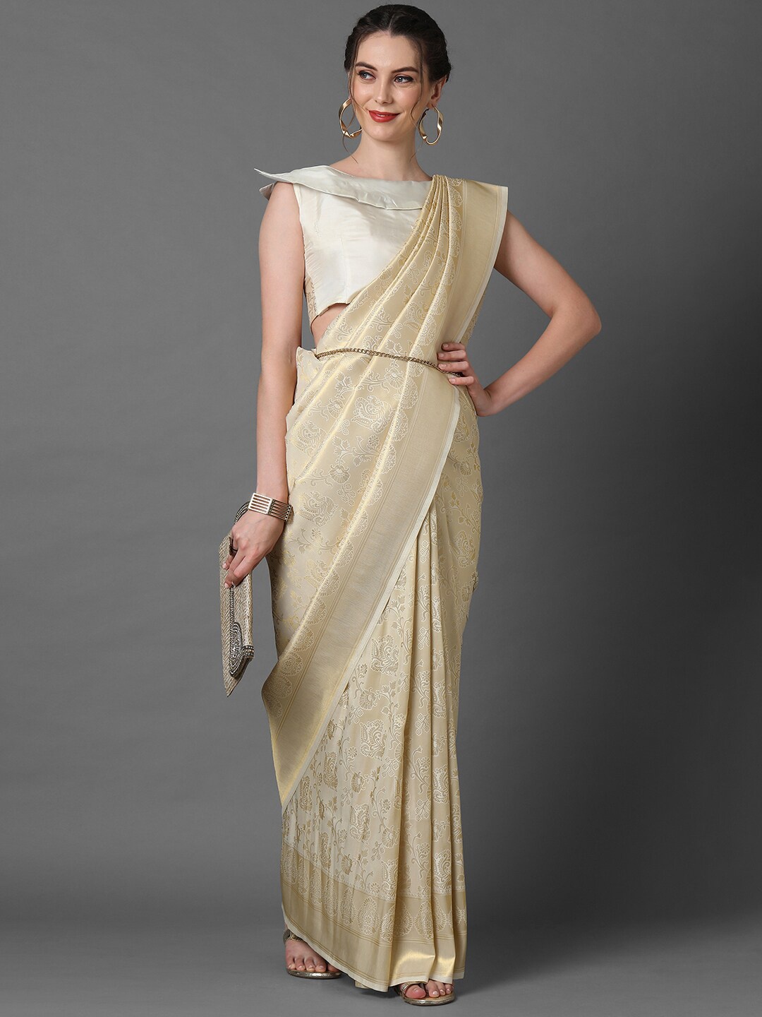 

Mitera Cream-Coloured & Gold-Toned Woven Design Silk Blend Banarasi Saree