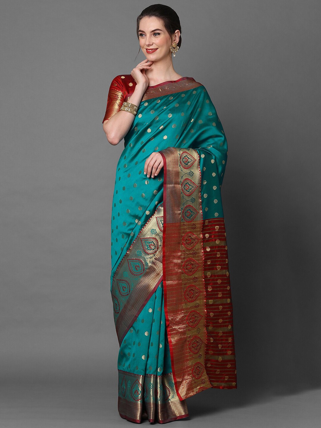 

Mitera Sea Green & Red Ethnic Motifs Zari Woven Design Silk Blend Banarasi Saree