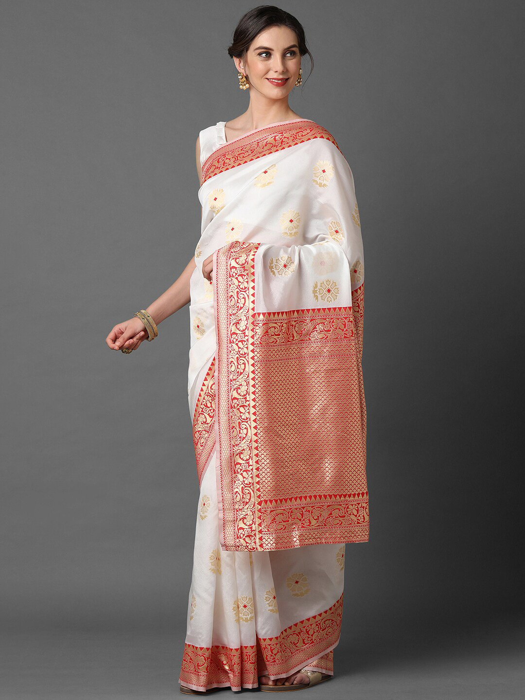 

Mitera White & Red Floral Silk Blend Banarasi Saree