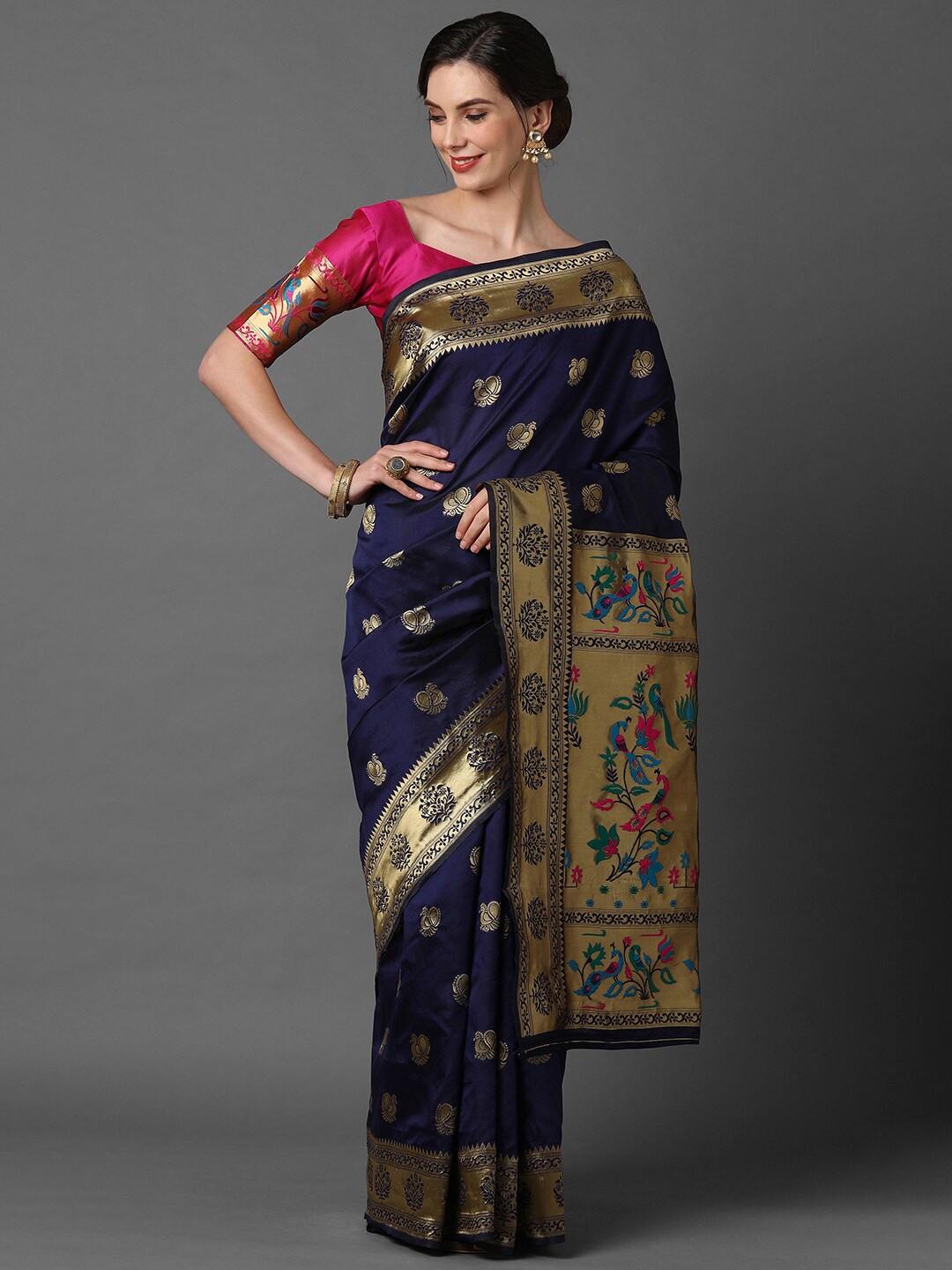 

Mitera Navy Blue & Gold Ethnic Motifs Woven Design Zari Silk Blend Banarasi Saree