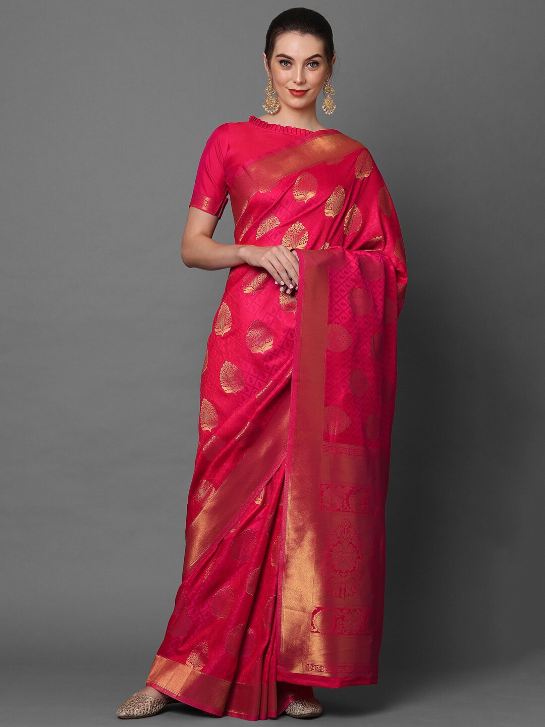 

Mitera Pink & Gold-Toned Woven Design Zari Silk Blend Banarasi Saree