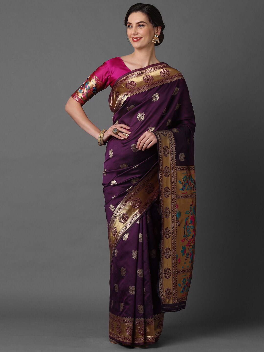 

Mitera Burgundy & Pink Woven Design Silk Blend Banarasi Saree