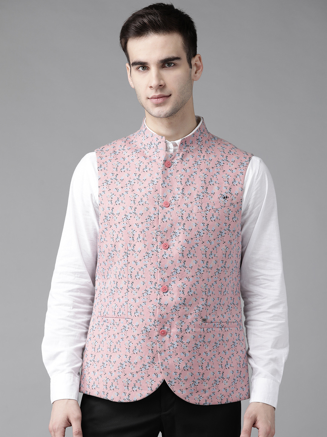 

Blackberrys Men Pink & Blue Printed Linen Cotton Party Waistcoat