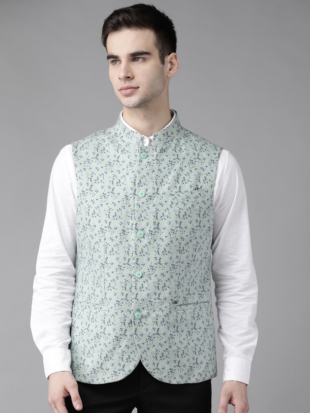 

Blackberrys Men Green & Blue Printed Linen Cotton Party Waistcoat