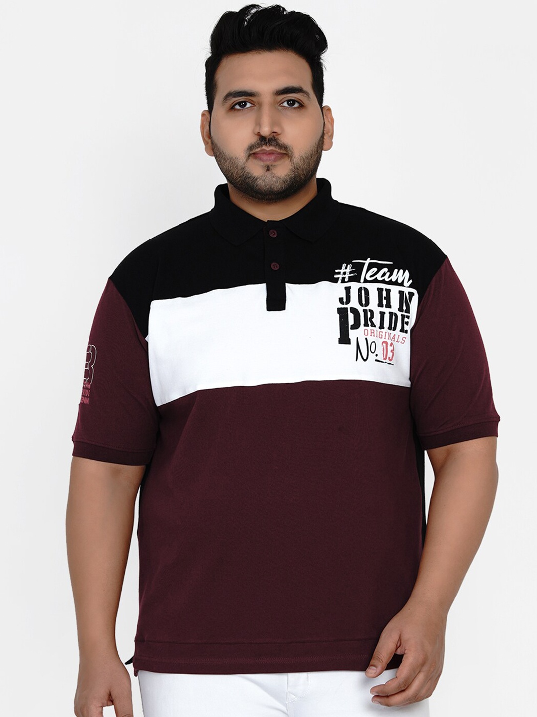 

John Pride Men Black Colourblocked Polo Collar Stretchable T-shirt