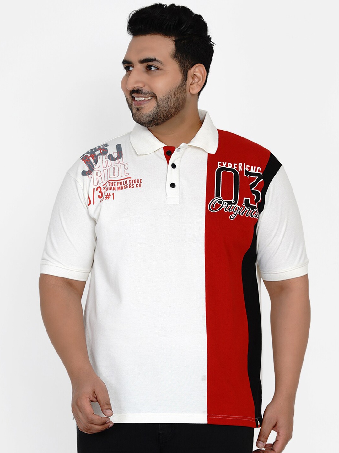 John Pride Men White & Red Colourblocked Polo Collar T-shirt