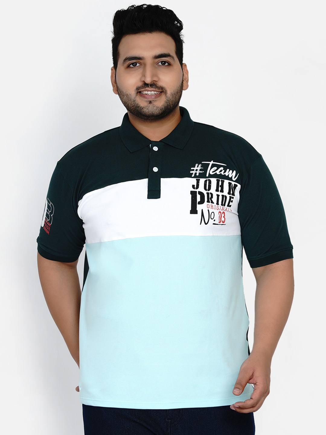 

John Pride Men Green & Blue Colourblocked Polo Collar Plus Size T-shirt