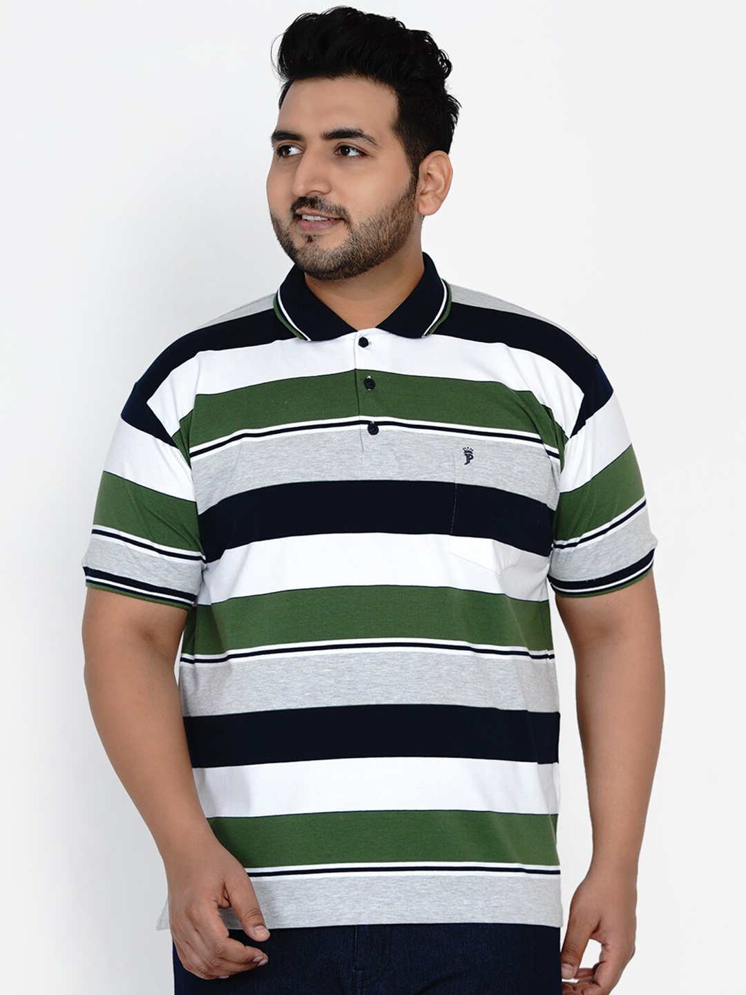 

John Pride Men Navy Blue & White Striped Polo Collar Pockets T-shirt