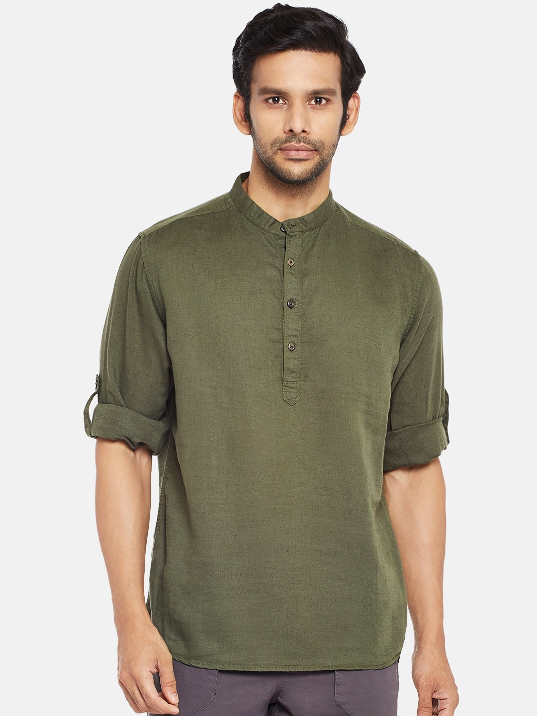 

Urban Ranger by pantaloons Men Olive Green Pure Cotton Casual Shirt