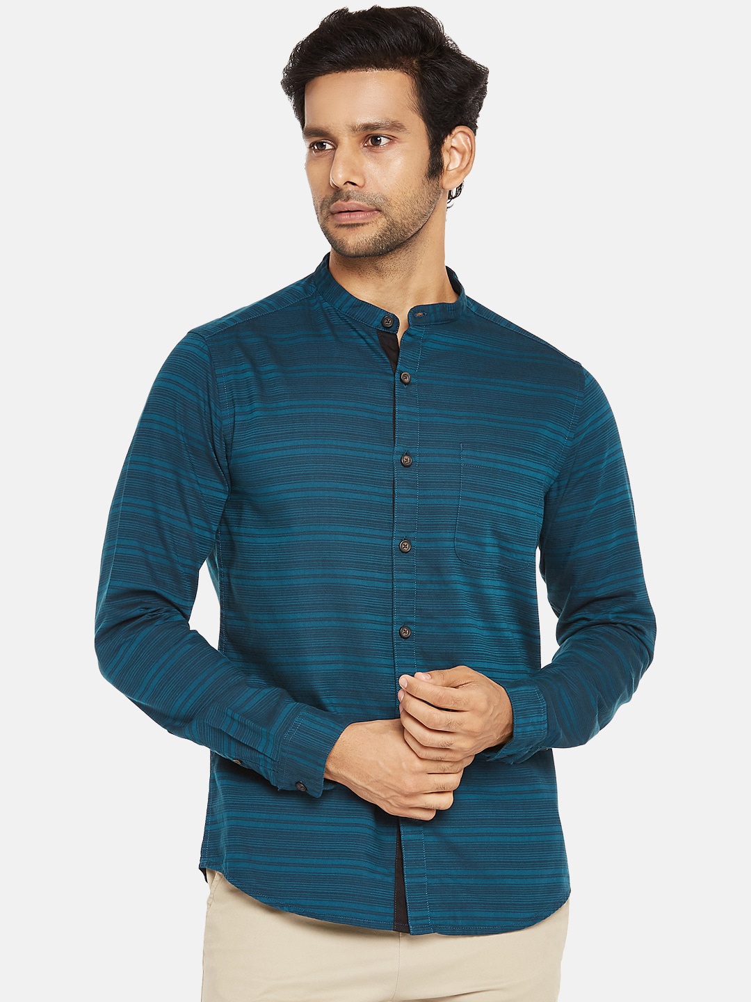 

Urban Ranger by pantaloons Men Teal Blue Slim Fit Horizontal Striped Pure Cotton Shirt