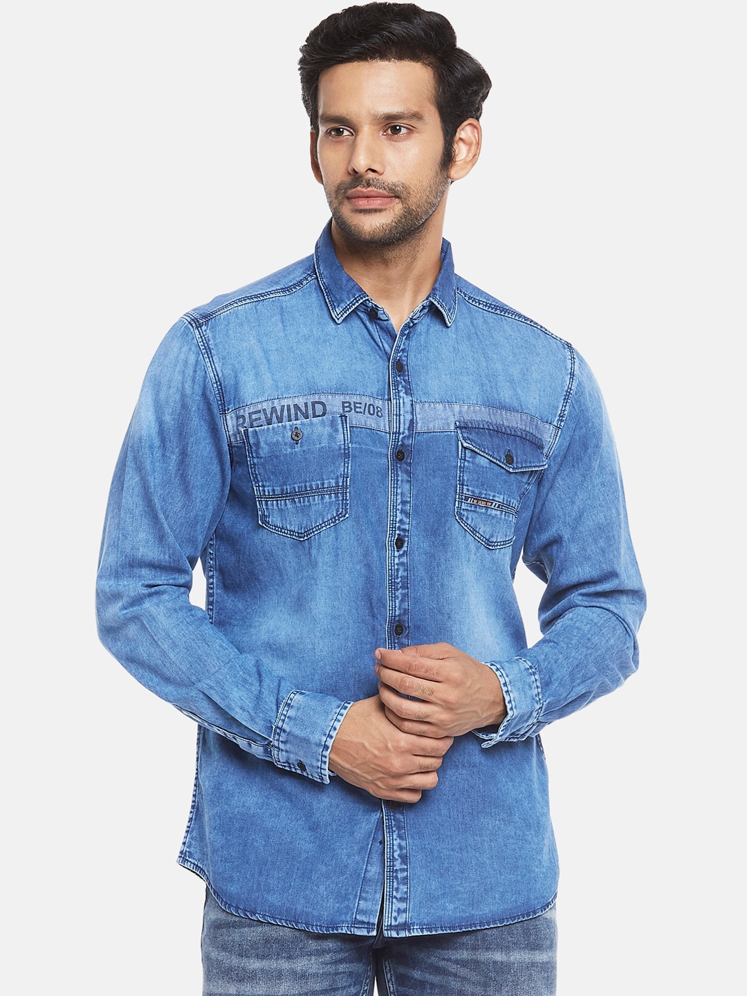 

SF JEANS by Pantaloons Men Blue Pure Cotton Denim Slim Fit Faded Casual Shirt