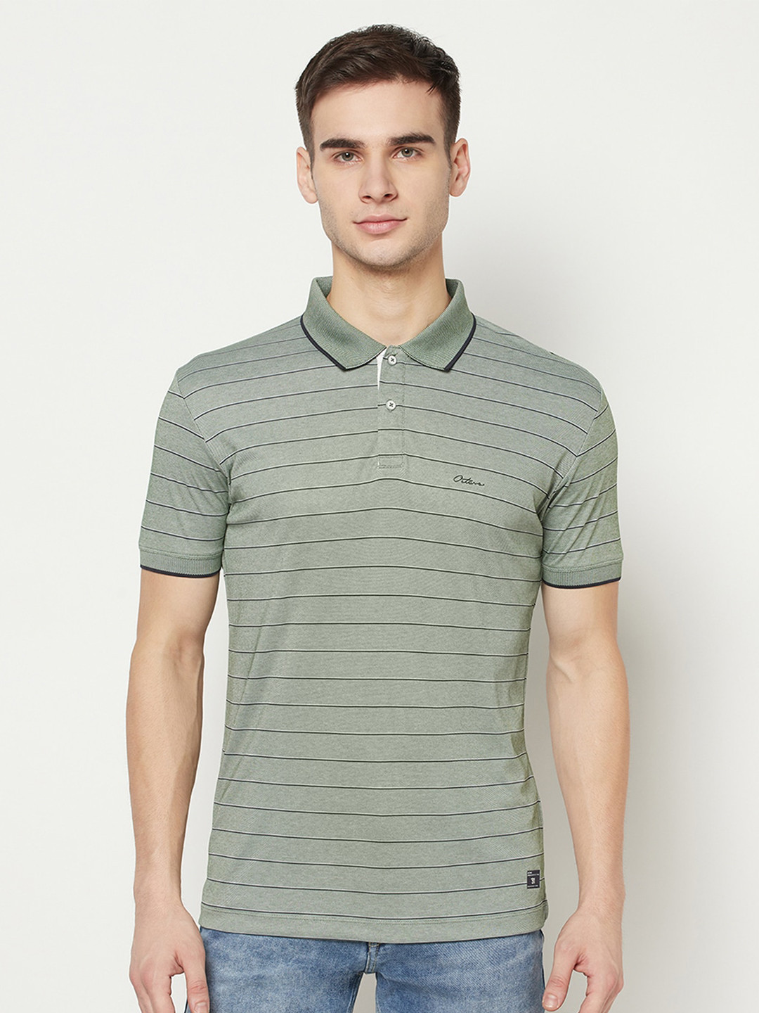 

Octave Men Olive Green & Black Striped Polo Collar T-shirt
