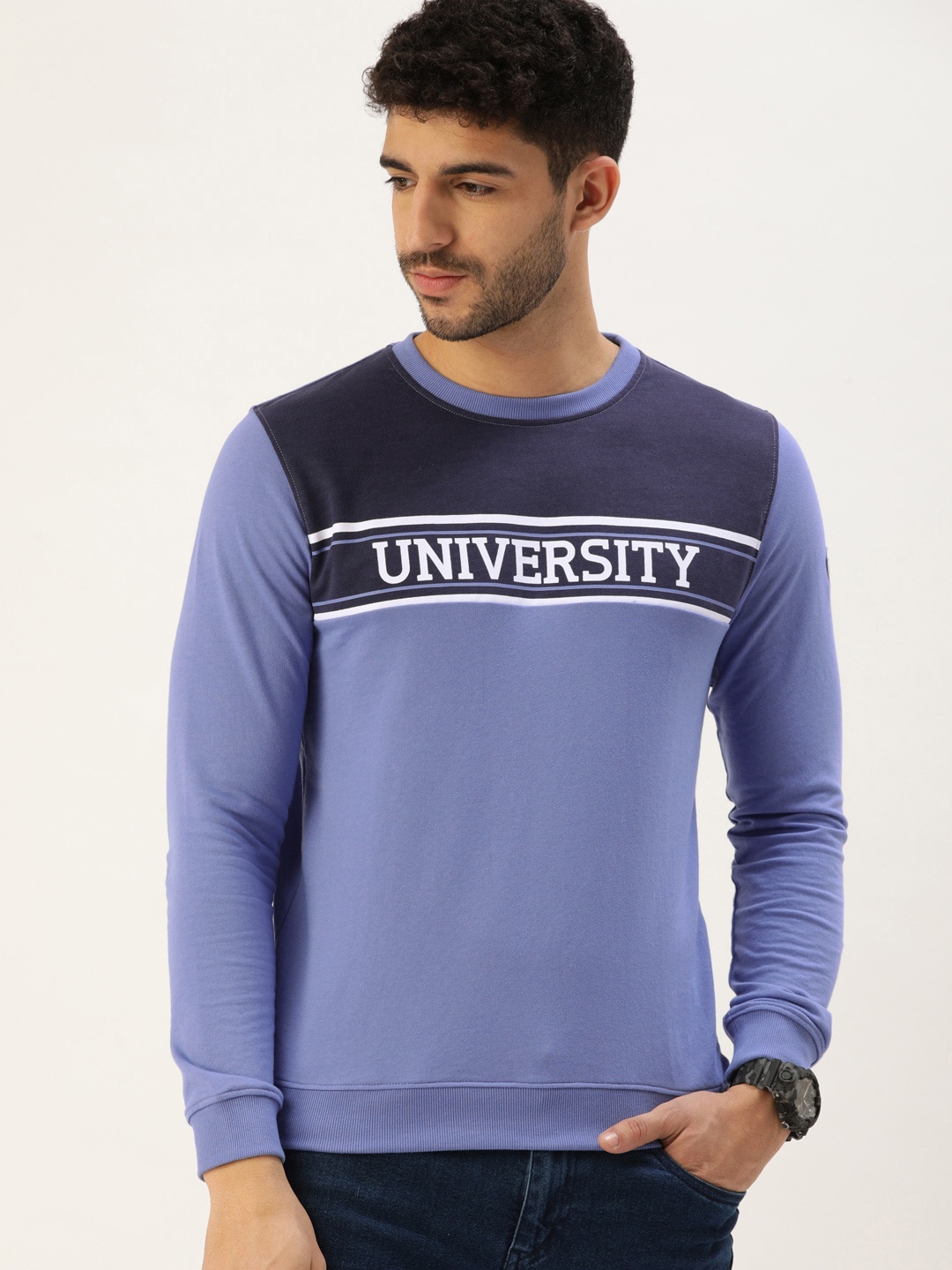

PETER ENGLAND UNIVERSITY Men Blue Colourblocked Sweatshirt with Printed Detail