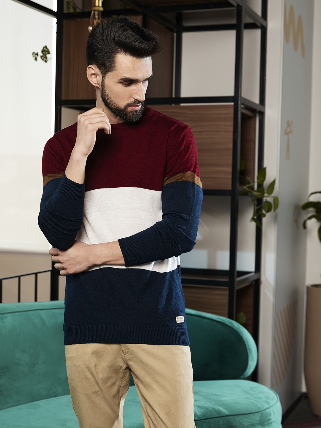 

PETER ENGLAND UNIVERSITY Men Red & Black Colourblocked Pullover Sweater