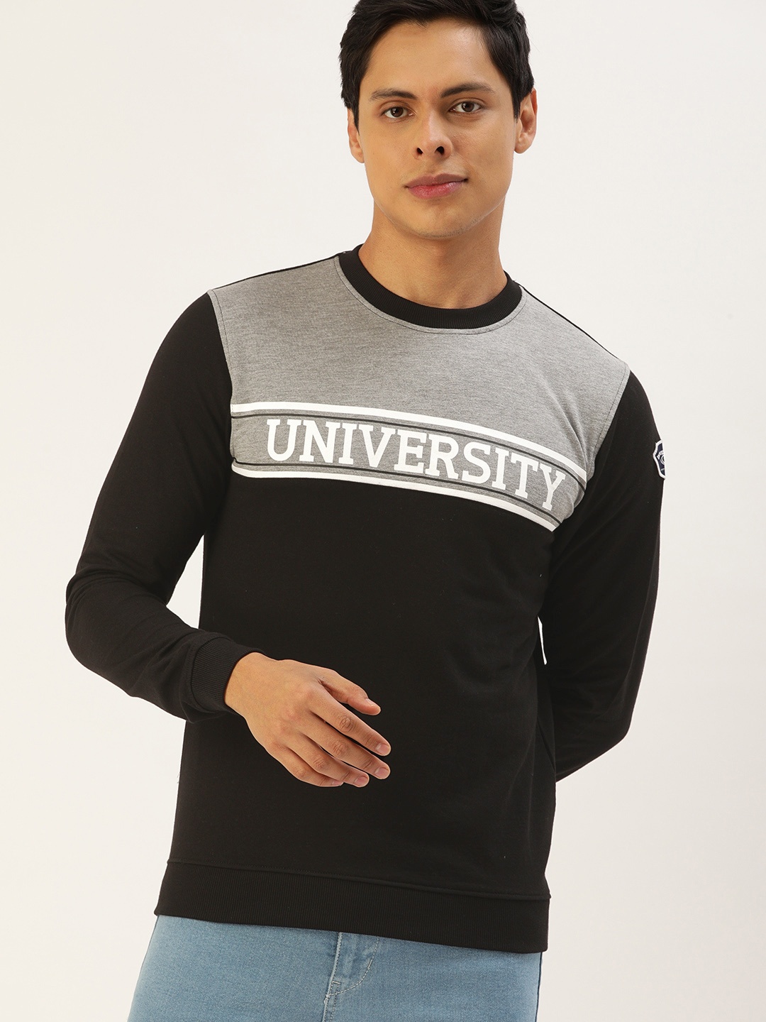 

PETER ENGLAND UNIVERSITY Men Black & Grey Melange Colourblocked Sweatshirt