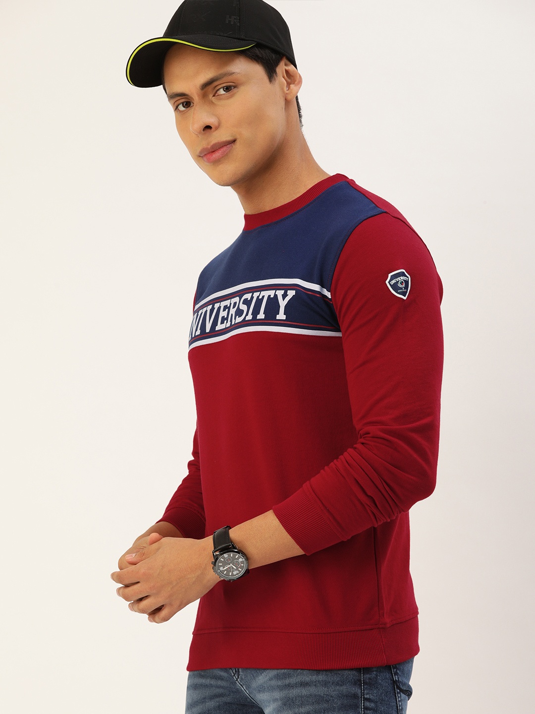 

PETER ENGLAND UNIVERSITY Men Maroon & Navy Blue Colourblocked Sweatshirt