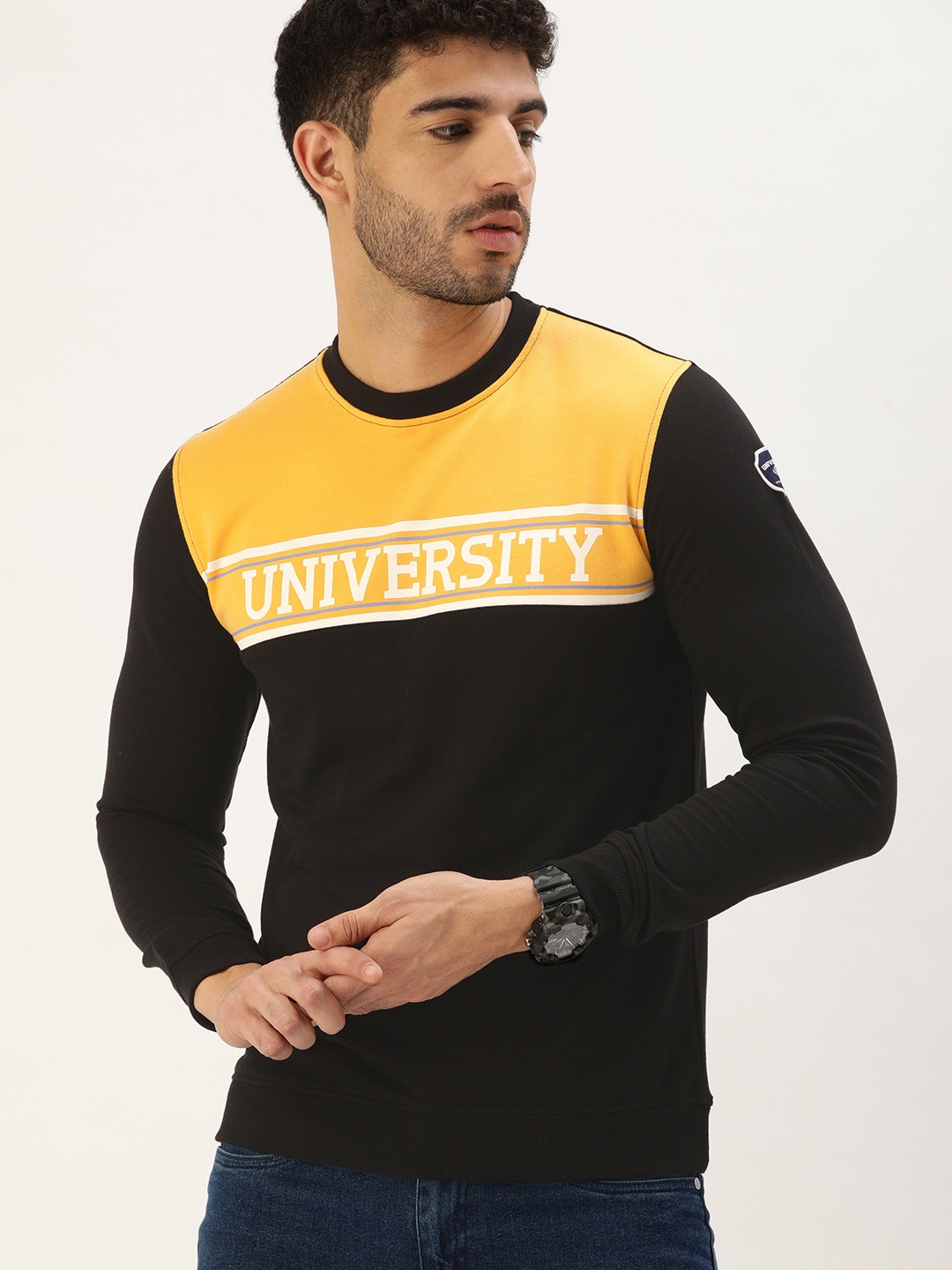 

PETER ENGLAND UNIVERSITY Men Black & Mustard Yellow Colourblocked Sweatshirt