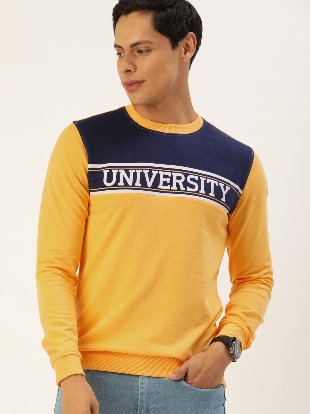 

PETER ENGLAND UNIVERSITY Men Mustard Yellow & Navy Blue Colourblocked Sweatshirt