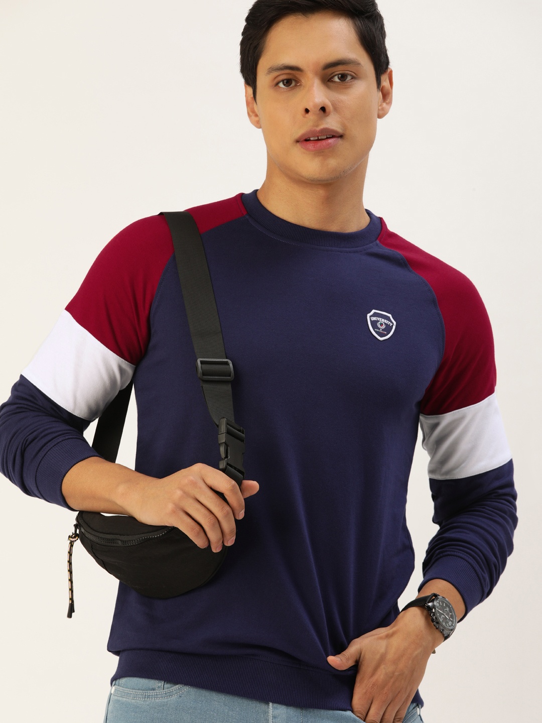 

PETER ENGLAND UNIVERSITY Men Navy Blue & Maroon Sweatshirt