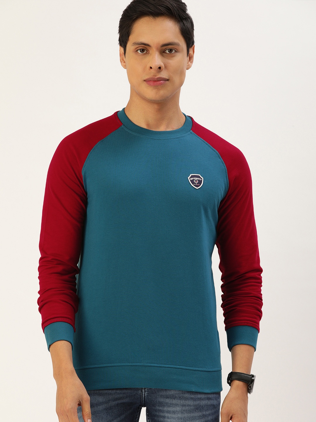 

PETER ENGLAND UNIVERSITY Men Teal Blue & Maroon Sweatshirt