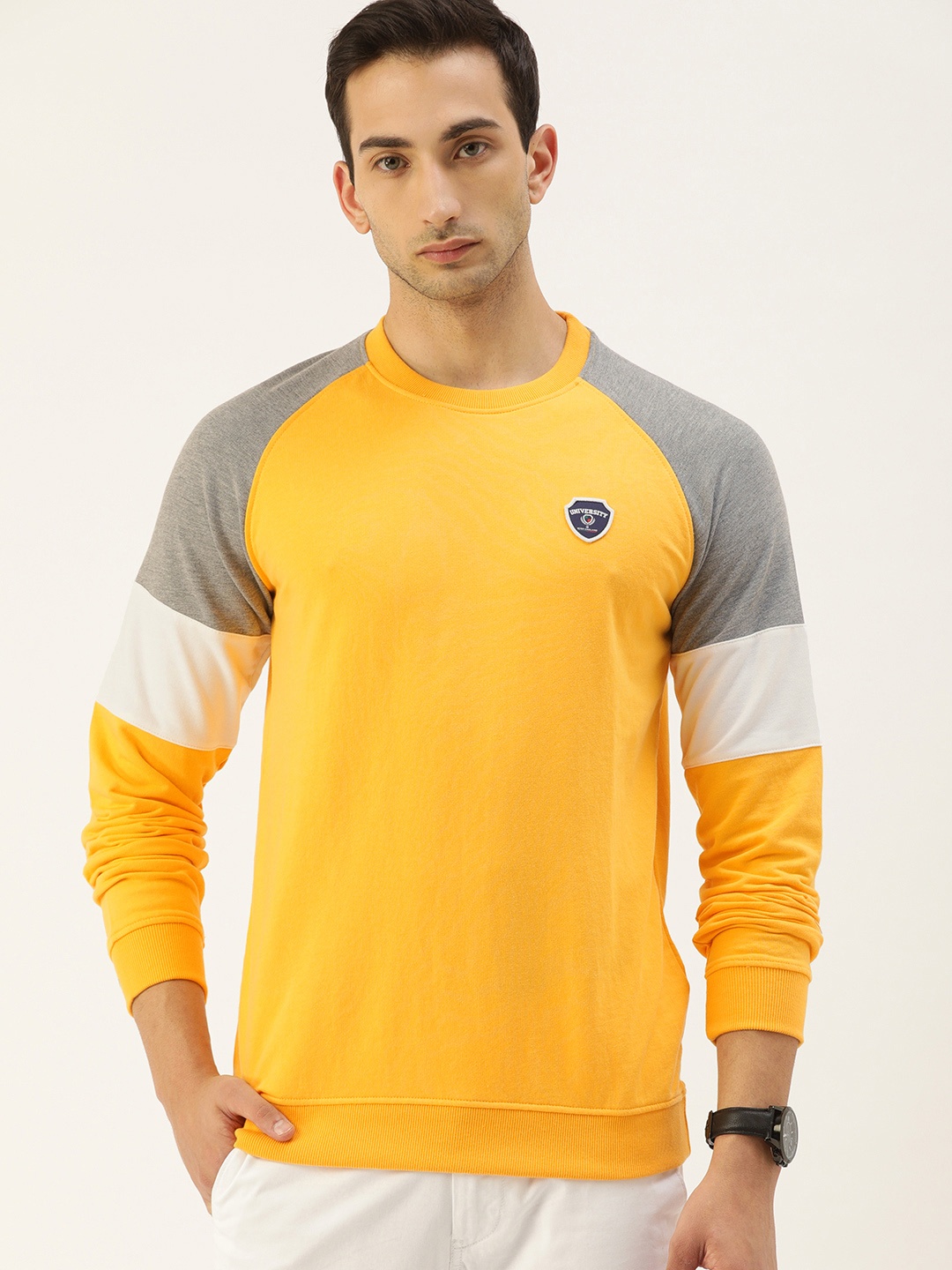 

PETER ENGLAND UNIVERSITY Men Yellow & Grey Melange Sweatshirt