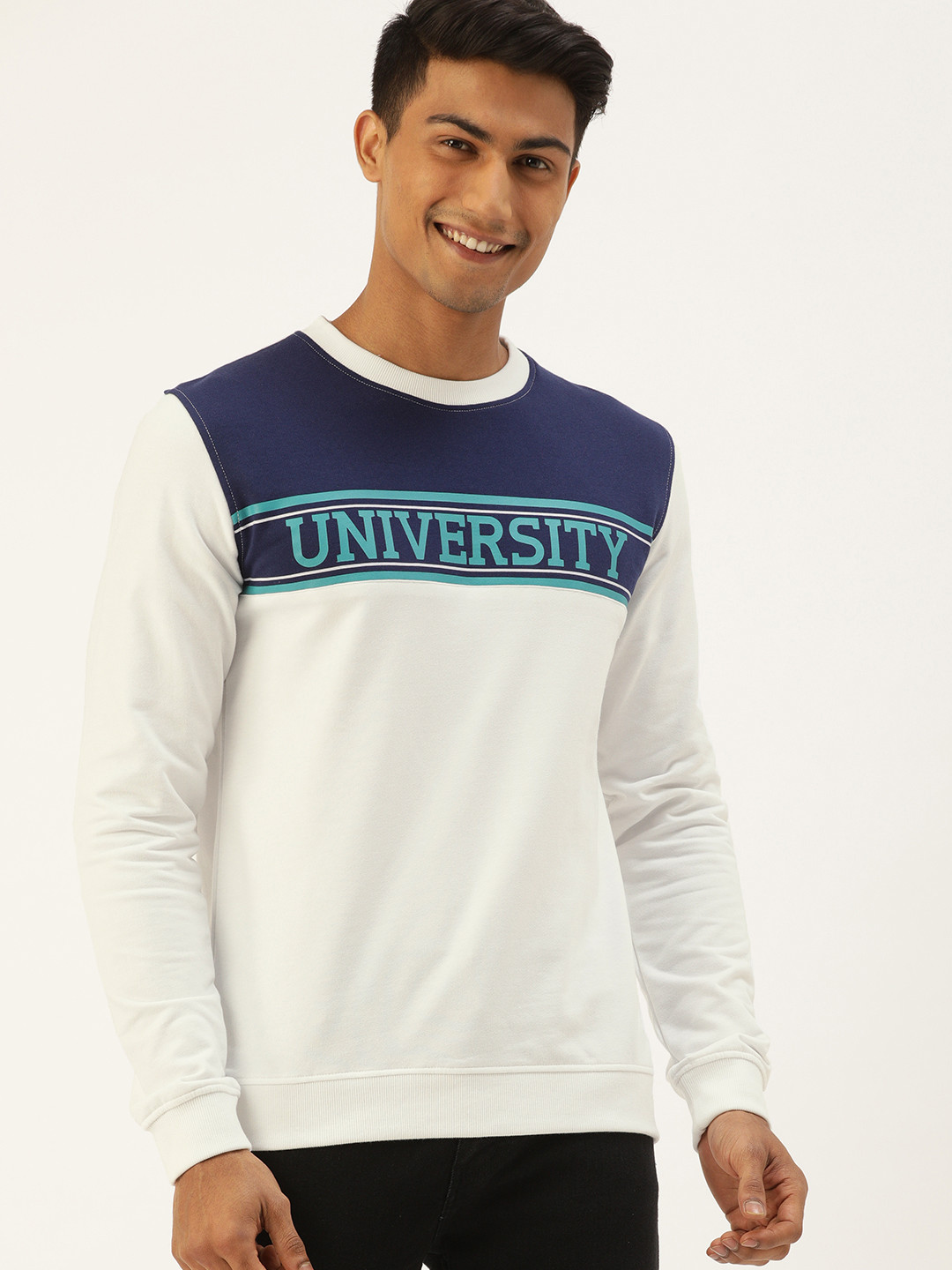 

PETER ENGLAND UNIVERSITY Men White & Navy Printed Sweatshirt