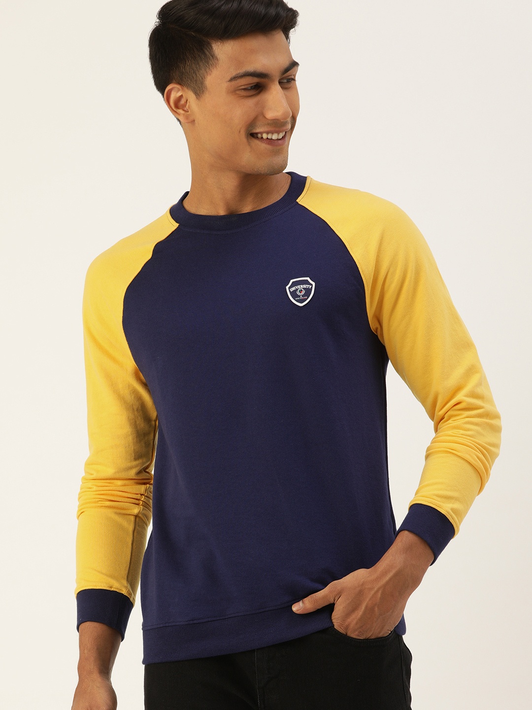 

PETER ENGLAND UNIVERSITY Men Navy Blue & Yellow Sweatshirt