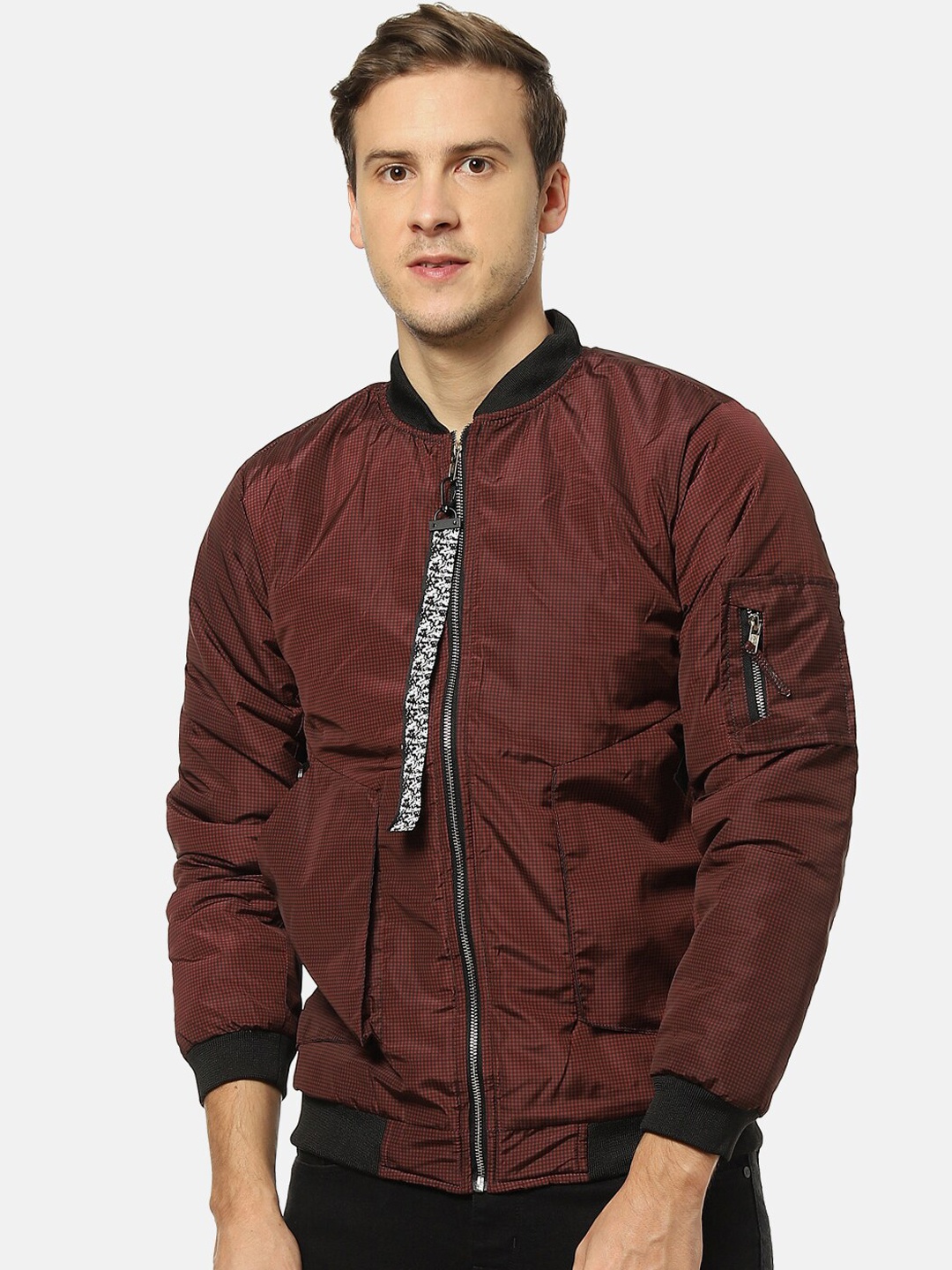 

Campus Sutra Men Red Windcheater Bomber with Embroidered Jacket